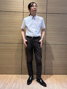 「TOKYO SHIRTS（トウキョウシャツ）の【吸水速乾】 形態安定ノンアイロン ボタンダウン 半袖ビジネスワイシャツ（ビジネスシャツ、ピンク系）」を使った、BRICK HOUSE シャツ工房 直方イオンモール店さん（レディース・162cm）の夏コーディネート