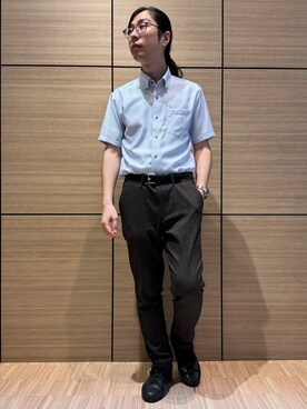 「TOKYO SHIRTS（トウキョウシャツ）の【超形態安定】【接触冷感】 形態安定ノンアイロン ボタンダウン 半袖ビジネスワイシャツ（ビジネスシャツ、ブルー系）」を使った、BRICK HOUSE シャツ工房 直方イオンモール店さん（レディース・162cm）の夏コーディネート
