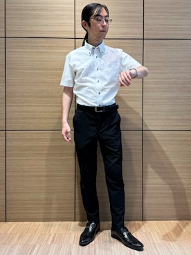 「TOKYO SHIRTS（トウキョウシャツ）の【吸水速乾】 形態安定ノンアイロン ボタンダウン 半袖ビジネスワイシャツ（ビジネスシャツ、ホワイト系）」を使った、BRICK HOUSE シャツ工房 直方イオンモール店さん（レディース・162cm）の夏コーディネート
