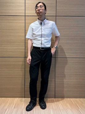 「TOKYO SHIRTS（トウキョウシャツ）の【超形態安定】【吸水速乾】 形態安定ノンアイロン ボタンダウン 半袖ビジネスワイシャツ（ビジネスシャツ、ピンク系）」を使った、BRICK HOUSE シャツ工房 直方イオンモール店さん（レディース・162cm）の夏コーディネート