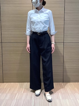 「TOKYO SHIRTS（トウキョウシャツ）の【透け防止】 形態安定ノーアイロン ワイド 7分袖ビジネスワイシャツ（ビジネスシャツ、ホワイト系）」を使った、BRICK HOUSE シャツ工房 直方イオンモール店さん（レディース・162cm）の夏コーディネート