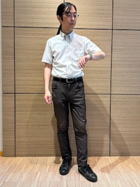 「TOKYO SHIRTS（トウキョウシャツ）の【吸水速乾】 形態安定ノンアイロン ボタンダウン 半袖ビジネスワイシャツ（ビジネスシャツ、ベージュ系）」を使った、BRICK HOUSE シャツ工房 直方イオンモール店さん（レディース・162cm）の夏コーディネート