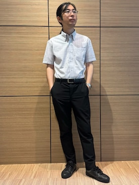 「TOKYO SHIRTS（トウキョウシャツ）の【吸水速乾】 形態安定ノンアイロン ボタンダウン 半袖ビジネスワイシャツ（ビジネスシャツ、グレー系）」を使った、BRICK HOUSE シャツ工房 直方イオンモール店さん（レディース・162cm）の夏コーディネート