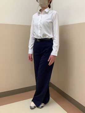 「TOKYO SHIRTS（トウキョウシャツ）のCOFREX 形態安定ノンアイロン レギュラー 長袖ビジネスワイシャツ（ビジネスシャツ、ホワイト系）」を使った、BRICK HOUSE シャツ工房 直方イオンモール店さん（レディース・154cm）の春コーディネート