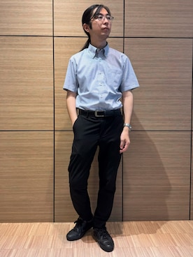 「TOKYO SHIRTS（トウキョウシャツ）の【吸水速乾】 形態安定ノンアイロン ドゥエボットーニ 半袖ビジネスワイシャツ（ビジネスシャツ、ブルー系）」を使った、BRICK HOUSE シャツ工房 直方イオンモール店さん（レディース・162cm）の夏コーディネート