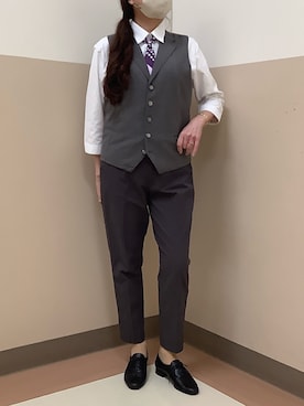 「TOKYO SHIRTS（トウキョウシャツ）の【透け防止】 形態安定ノーアイロン レギュラー 7分袖ビジネスワイシャツ（ビジネスシャツ、ホワイト系）」を使った、BRICK HOUSE シャツ工房 直方イオンモール店さん（メンズ・173cm）の夏コーディネート