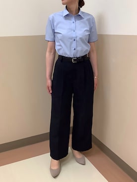「TOKYO SHIRTS（トウキョウシャツ）の【吸水速乾】 形態安定ノンアイロン ワイド 半袖ビジネスワイシャツ（ビジネスシャツ、ブルー系）」を使った、BRICK HOUSE シャツ工房 直方イオンモール店さん（メンズ・173cm）の夏コーディネート