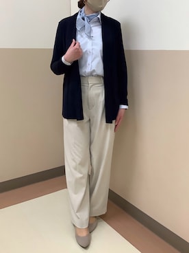 「TOKYO SHIRTS（トウキョウシャツ）のドライレーヨン 前立てリブ トッパーカーディガン（カーディガン/ボレロ、ブルー系）」を使った、BRICK HOUSE シャツ工房 直方イオンモール店さん（レディース・154cm）の春コーディネート