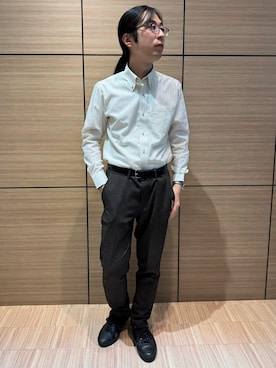 「TOKYO SHIRTS（トウキョウシャツ）の【吸水速乾】 形態安定ノンアイロン ボタンダウン 長袖ビジネスワイシャツ（ビジネスシャツ、イエロー系）」を使った、BRICK HOUSE シャツ工房 直方イオンモール店さん（メンズ・173cm）の夏コーディネート