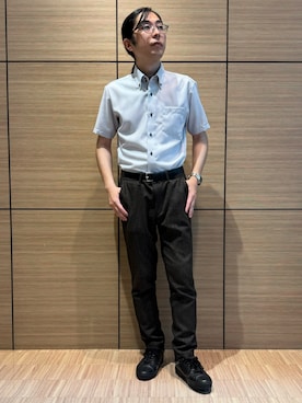 「TOKYO SHIRTS（トウキョウシャツ）の【超形態安定】【接触冷感】形態安定ノンアイロン ドゥエボットーニ 半袖ビジネスワイシャツ（ビジネスシャツ、グレー系）」を使った、BRICK HOUSE シャツ工房 直方イオンモール店さん（レディース・162cm）の夏コーディネート