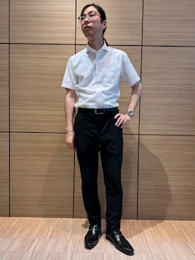 「TOKYO SHIRTS（トウキョウシャツ）の【吸水速乾】 形態安定ノンアイロン ホリゾンタルワイド 半袖ビジネスワイシャツ（ビジネスシャツ、ホワイト系）」を使った、BRICK HOUSE シャツ工房 直方イオンモール店さん（レディース・162cm）の夏コーディネート