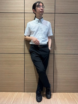 「TOKYO SHIRTS（トウキョウシャツ）の【吸水速乾】 形態安定ノンアイロン ボタンダウン 半袖ビジネスワイシャツ（ビジネスシャツ、ブルー系）」を使った、BRICK HOUSE シャツ工房 直方イオンモール店さん（レディース・162cm）の夏コーディネート