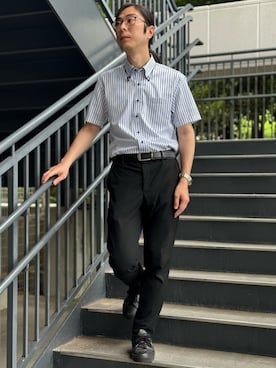 「TOKYO SHIRTS（トウキョウシャツ）の【Layered Cool】【吸水速乾】 形態安定ノンアイロン ボタンダウン 半袖ビジネスワイシャツ（ビジネスシャツ、ブルー系）」を使った、BRICK HOUSE シャツ工房 直方イオンモール店さん（レディース・162cm）の夏コーディネート