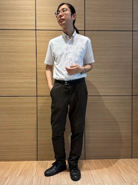 「TOKYO SHIRTS（トウキョウシャツ）の【吸水速乾】【COFREX】形態安定ノンアイロン ボタンダウン 半袖ビジネスワイシャツ（ビジネスシャツ、パープル系）」を使った、BRICK HOUSE シャツ工房 直方イオンモール店さん（レディース・162cm）の夏コーディネート