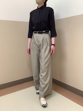 「TOKYO SHIRTS（トウキョウシャツ）のCOFREX スタンド タック ブラウス 七分袖 レディースデザインシャツ（シャツ/ブラウス、ブラック系）」を使った、BRICK HOUSE シャツ工房 直方イオンモール店さん（レディース・154cm）の春コーディネート