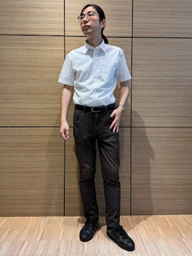 「TOKYO SHIRTS（トウキョウシャツ）の【吸水速乾】 形態安定ノンアイロン ワイド 半袖ビジネスワイシャツ（ビジネスシャツ、ホワイト系）」を使った、BRICK HOUSE シャツ工房 直方イオンモール店さん（レディース・162cm）の夏コーディネート