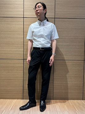 「TOKYO SHIRTS（トウキョウシャツ）の【吸水速乾】 形態安定ノンアイロン ボタンダウン 半袖ビジネスワイシャツ（ビジネスシャツ、ホワイト系）」を使った、BRICK HOUSE シャツ工房 直方イオンモール店さん（レディース・162cm）の夏コーディネート
