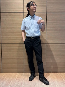 「TOKYO SHIRTS（トウキョウシャツ）の【吸水速乾】 形態安定ノンアイロン ボタンダウン 半袖ビジネスワイシャツ（ビジネスシャツ、ブルー系）」を使った、BRICK HOUSE シャツ工房 直方イオンモール店さん（レディース・162cm）の夏コーディネート