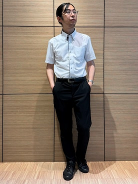 「TOKYO SHIRTS（トウキョウシャツ）の【超形態安定】【吸水速乾】 形態安定ノンアイロン ボタンダウン 半袖ビジネスワイシャツ（ビジネスシャツ、ブルー系）」を使った、BRICK HOUSE シャツ工房 直方イオンモール店さん（レディース・162cm）の夏コーディネート