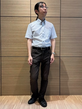 「TOKYO SHIRTS（トウキョウシャツ）の【超形態安定】【吸水速乾】 形態安定ノンアイロン ボタンダウン 半袖ビジネスワイシャツ（ビジネスシャツ、パープル系）」を使った、BRICK HOUSE シャツ工房 直方イオンモール店さん（レディース・162cm）の夏コーディネート