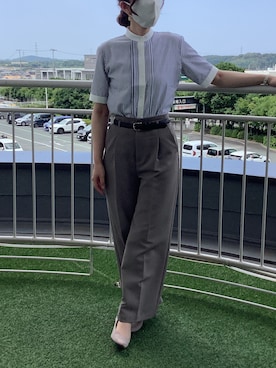 「TOKYO SHIRTS（トウキョウシャツ）の【吸水速乾】【COFREX】スタンド衿 ピンタック ブラウス 五分袖 レディースデザインシャツ（シャツ/ブラウス、グレー系）」を使った、BRICK HOUSE シャツ工房 直方イオンモール店さん（レディース・162cm）の夏コーディネート