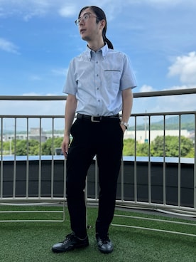 「TOKYO SHIRTS（トウキョウシャツ）の【超形態安定】【吸水速乾】 形態安定ノンアイロン ボタンダウン 半袖ビジネスワイシャツ（ビジネスシャツ、ブルー系）」を使った、BRICK HOUSE シャツ工房 直方イオンモール店さん（レディース・162cm）の夏コーディネート