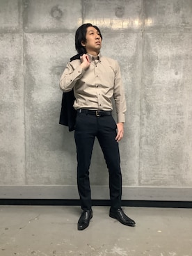 「TOKYO SHIRTS（トウキョウシャツ）の【くまのプーさん】形態安定ノンアイロン ボタンダウン 長袖ビジネスワイシャツ（ビジネスシャツ、ブラウン系）」を使った、SHIRTS PLAZA 天神地下街店さん（メンズ・171cm）の春コーディネート