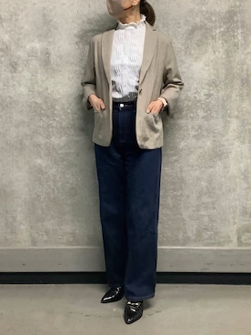 「TOKYO SHIRTS（トウキョウシャツ）のアウター 麻調ジャケット 七分袖 レディース（テーラードジャケット、ベージュ系）」を使った、SHIRTS PLAZA 天神地下街店さん（メンズ・171cm）の春コーディネート