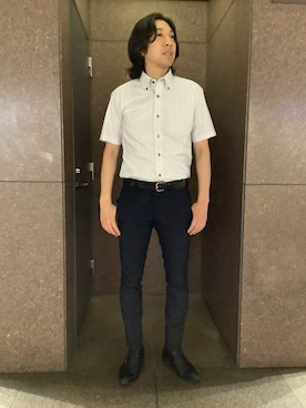 「TOKYO SHIRTS（トウキョウシャツ）の【超形態安定】【吸水速乾】 形態安定ノンアイロン ボタンダウン 半袖ビジネスワイシャツ（ビジネスシャツ、パープル系）」を使った、SHIRTS PLAZA 天神地下街店さん（メンズ・171cm）の夏コーディネート