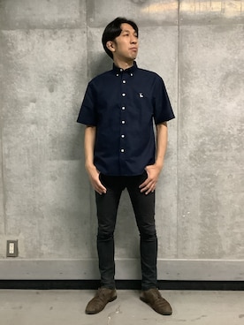 「TOKYO SHIRTS（トウキョウシャツ）のカジュアルシャツ フレンチブルドッグ刺繍 オックスフォードシャツ ボタンダウン 綿100% 半袖 メンズ（ポロシャツ、ブルー系）」を使った、SHIRTS PLAZA 天神地下街店さん（レディース・168cm）の夏コーディネート