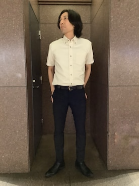 「TOKYO SHIRTS（トウキョウシャツ）の【超形態安定】【接触冷感】 形態安定ノンアイロン ボタンダウン 半袖ビジネスワイシャツ（ビジネスシャツ、イエロー系）」を使った、SHIRTS PLAZA 天神地下街店さん（メンズ・171cm）の夏コーディネート
