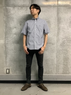 「TOKYO SHIRTS（トウキョウシャツ）の【通販限定】カジュアルシャツ フレンチブルドッグ刺繍 オックスフォードシャツ ボタンダウン 綿100% 半袖 メンズ（ポロシャツ、ブルー系）」を使った、SHIRTS PLAZA 天神地下街店さん（レディース・168cm）の夏コーディネート