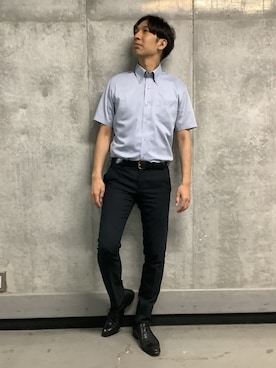 「TOKYO SHIRTS（トウキョウシャツ）の【吸水速乾】 形態安定ノンアイロン ドゥエボットーニ 半袖ビジネスワイシャツ（ビジネスシャツ、ブルー系）」を使った、SHIRTS PLAZA 天神地下街店さん（レディース・168cm）の夏コーディネート