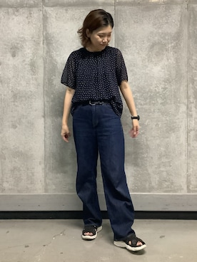 「TOKYO SHIRTS（トウキョウシャツ）のランダムドット  シフォンブラウス 五分袖（シャツ/ブラウス、ブルー系）」を使った、SHIRTS PLAZA 天神地下街店さん（レディース・168cm）の夏コーディネート