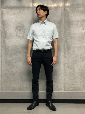 「TOKYO SHIRTS（トウキョウシャツ）の【超形態安定】【吸水速乾】 形態安定ノンアイロン ボタンダウン 半袖ビジネスワイシャツ（ビジネスシャツ、グリーン系）」を使った、SHIRTS PLAZA 天神地下街店さん（レディース・168cm）の夏コーディネート