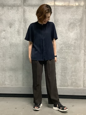 「TOKYO SHIRTS（トウキョウシャツ）のシルキーサテン ピンタック ブラウス 半袖（シャツ/ブラウス、ブルー系）」を使った、SHIRTS PLAZA 天神地下街店さん（メンズ・171cm）の夏コーディネート