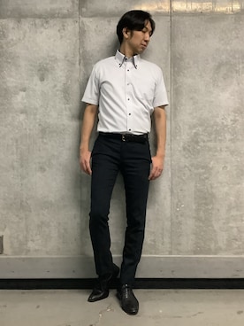 「TOKYO SHIRTS（トウキョウシャツ）の【超形態安定】【吸水速乾】 形態安定ノンアイロン ボタンダウン 半袖ビジネスワイシャツ（ビジネスシャツ、ブルー系）」を使った、SHIRTS PLAZA 天神地下街店さん（レディース・168cm）の夏コーディネート