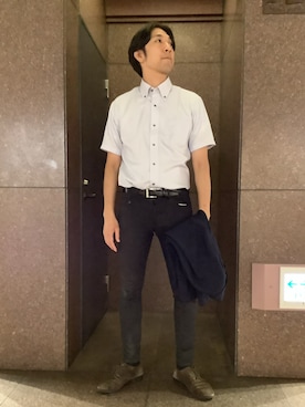 「TOKYO SHIRTS（トウキョウシャツ）の【超形態安定】【接触冷感】 形態安定ノンアイロン ボタンダウン 半袖ビジネスワイシャツ（ビジネスシャツ、ブルー系）」を使った、SHIRTS PLAZA 天神地下街店さん（レディース・168cm）の夏コーディネート