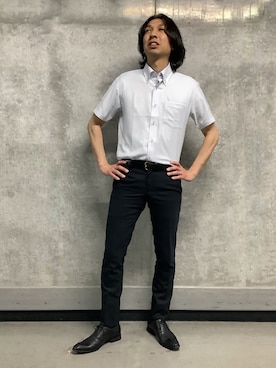 「TOKYO SHIRTS（トウキョウシャツ）の形態安定ノンアイロン ボタンダウン 半袖ビジネスワイシャツ（ビジネスシャツ、ブルー系）」を使った、SHIRTS PLAZA 天神地下街店さん（メンズ・171cm）の春コーディネート
