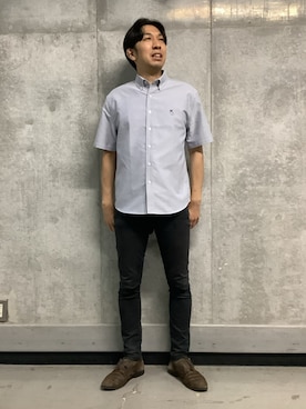 「TOKYO SHIRTS（トウキョウシャツ）のカジュアルシャツ フレンチブルドッグ刺繍 オックスフォードシャツ ボタンダウン 綿100% 半袖 メンズ（ポロシャツ、ブルー系）」を使った、SHIRTS PLAZA 天神地下街店さん（レディース・168cm）の夏コーディネート