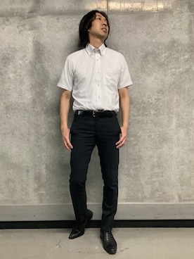 「TOKYO SHIRTS（トウキョウシャツ）の形態安定ノンアイロン ボタンダウン 半袖ビジネスワイシャツ（ビジネスシャツ、パープル系）」を使った、SHIRTS PLAZA 天神地下街店さん（メンズ・171cm）の春コーディネート