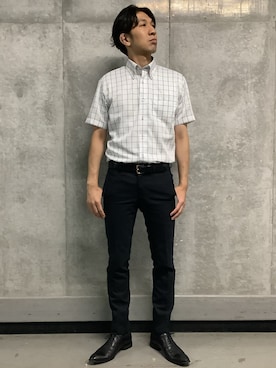 「TOKYO SHIRTS（トウキョウシャツ）の【吸水速乾】 形態安定ノンアイロン ボタンダウン 半袖ビジネスワイシャツ（ビジネスシャツ、ブルー系）」を使った、SHIRTS PLAZA 天神地下街店さん（レディース・168cm）の夏コーディネート