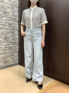 「TOKYO SHIRTS（トウキョウシャツ）の【吸水速乾】【COFREX】スタンド衿 ピンタック ブラウス 五分袖 レディースデザインシャツ（シャツ/ブラウス、グレー系）」を使った、BRICK HOUSE by Tokyo Shirts 高松ゆめタウン店さん（レディース・164cm）の夏コーディネート