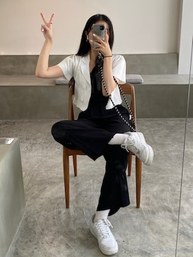 「カフェ」｜「アイテム（ノーカラージャケット）」を使った、haneulさん（レディース・165cm）の夏コーディネート