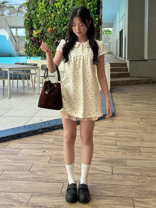 GIUNON ブラウス シャツ 夏 半袖 round collar flower tunic