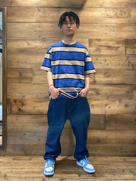 「XLARGE（エクストララージ）のS/S STRIPE TEE（Tシャツ/カットソー、ブルー系）」を使った、山下 迅さん（メンズ・173cm）の夏コーディネート