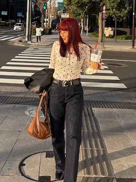 「PAGEBOY（ページボーイ）のヴィンテージバックルベルト（ベルト、ブラック系）」を使った、migeruさん（レディース・160cm）の冬コーディネート