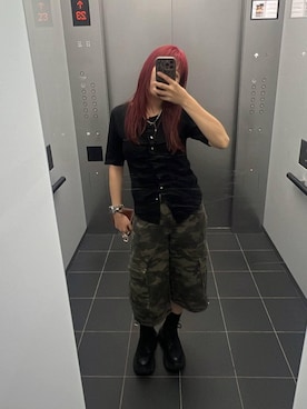 「PAGEBOY（ページボーイ）のレースアップソックスブーツ（ブーツ、ブラック系）」を使った、migeruさん（レディース・160cm）の春コーディネート