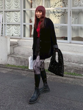 「JEANASIS（ジーナシス）の【抗菌防臭テープ付き】WAVYストレッチロングブーツ/597839（ブーツ、ブラック系）」を使った、migeruさん（レディース・160cm）の春コーディネート