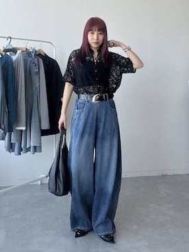 「PAGEBOY（ページボーイ）のWEB限定アイテム/レースバンドカラーシャツ（シャツ/ブラウス、ブラック系）」を使った、migeruさん（レディース・160cm）の春コーディネート